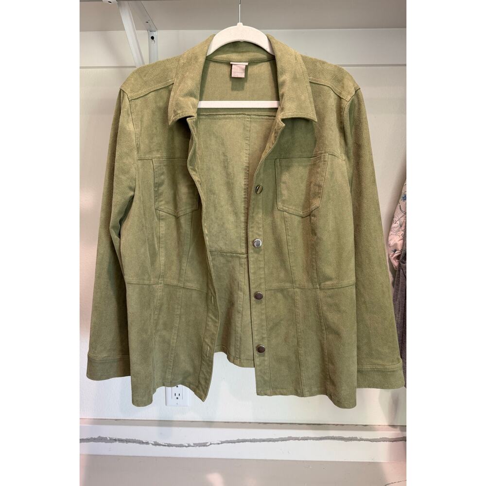 Chico’s Women’s Olive Green Suede-Look Button Front Jacket Coat Size 3 (XL)